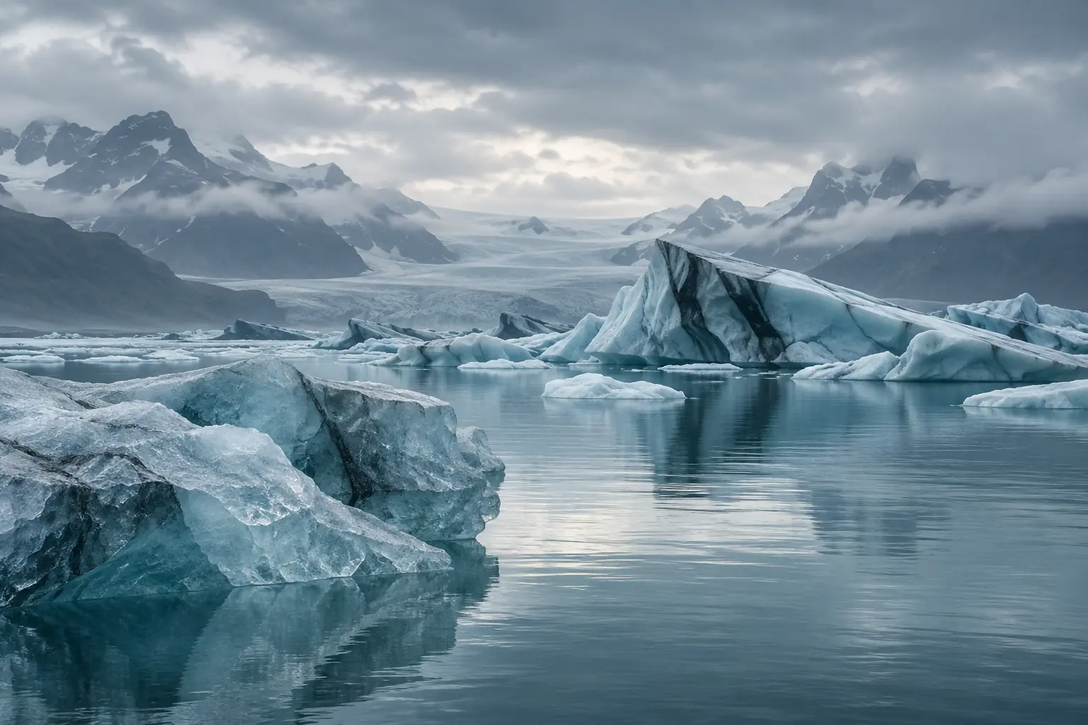 An Iceland-inspired glacial landscape in ice blue and graphite tones