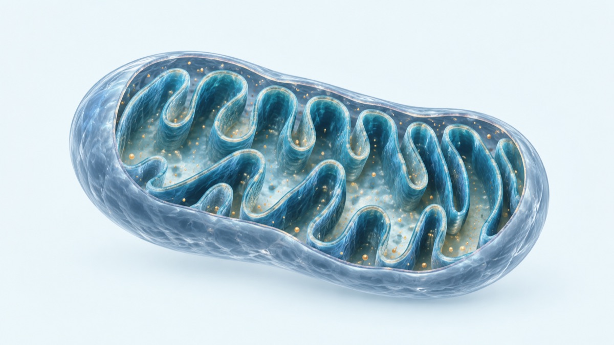 Mitochondrion cutaway showing folded inner membrane.