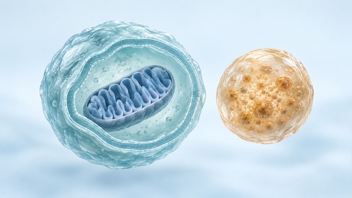 Mitochondrion enclosed in an autophagosome, beside a lysosome.